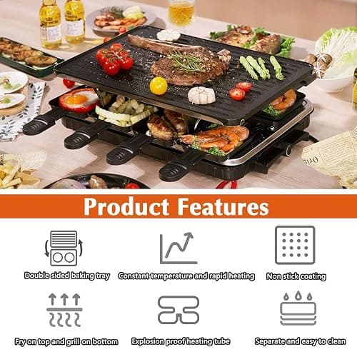 Raclette Grill, Indoor Grills Electric Smokeless Korean BBQ Grill Table, 2 in 1 Electric Griddle Nonstick with 8 Raclette Cheese Pans Adjustable Temperature Control 1300W Ideal for Family & Party Fun thumbnail 5