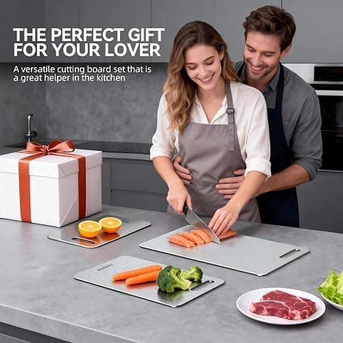 Titanium Cutting Boards Set of 3, 100% Pure Titanium Kitchen Cutting Board, Double-Sided Non-Toxic Cutting Board, Ideal for Slicing and Dicing Meats, Features Handle, Dishwasher Safe thumbnail 2