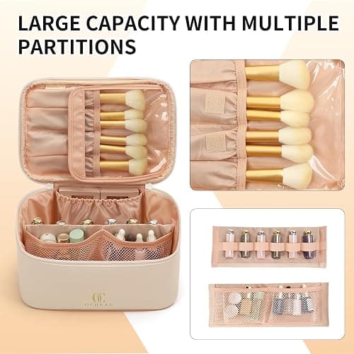 OCHEAL Beige Makeup Bag,Travel Makeup Organizer Bag, Large Capacity Cosmetic Bags For Women Large Travel Toiletry Bag Girls Traveling With Brush Slot And Divider-White thumbnail 5