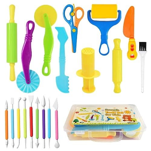Kleeblatt Dough Tools Set for Kids - 19 Pcs Playdough Kit with 9 Basic Dough Tools, 9 Double-Headed Clay Carving Tools & Cleaning Brush, Safe for Toddlers Ages 2-8, for Clay/Plasticine/Sand - Image 1