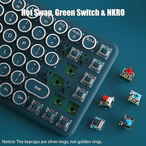 TISHLED Typewriter Keyboard Wireless 2.4GHz/Bluetooth/USB-C Wired Mechanical Gaming Keyboard Warm White LED Backlit 84-Key NKRO Hot Swappable Green Switches Retro Round Keycaps for Multi-Device thumbnail 4