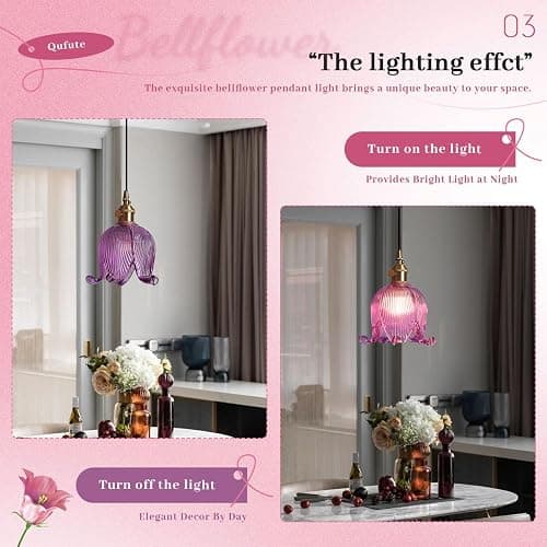 Qufute Hanging Swag Plug in Pendant Light Flower Shaped Purple Glass Plug Pendant Lamp with 15 ft Switch Cord Plug in Vintage Industrial Hanging Light for Kitchen Bedroom Background thumbnail 3