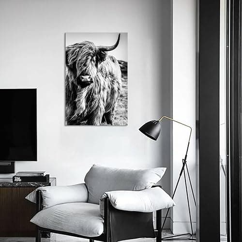 Highland Cow Wall Art Canvas Black and White Cow Picture Prints Framed Artwork for Bathroom Farmhouse Wall Decor (16x24inches) thumbnail 2