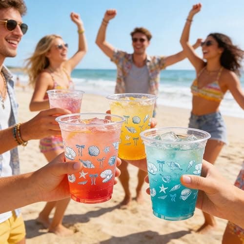Rngmsi Blue Bow Plastic Cups - 50 Pcs Starfish Seashell Beach Clear Disposable Cups, 12 OZ Summer Ocean Party Decor for Blue Bachelorette Birthday, Mermaid Party Favor Supplies thumbnail 2