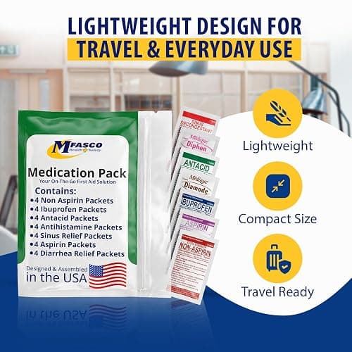 MFASCO - 7 in 1 - Travel Size Medicine Kit - TSA Approved | 28 First Aid Emergency OTC Medicine Packets for Cruise & International Travel | Compact Med Refill for Traveling & Office Assembled in USA thumbnail 3