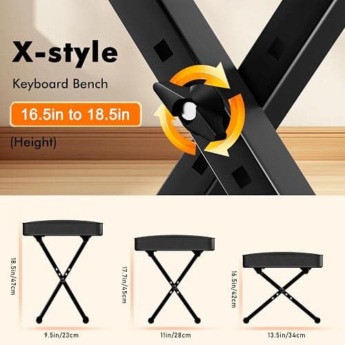 GLEAM Keyboard Stand and Bench Set, Double X Style Digital Piano Stand Height from 19" to 38", Heavy Density Foam Padded Stool from 14" to 18" Black thumbnail 5