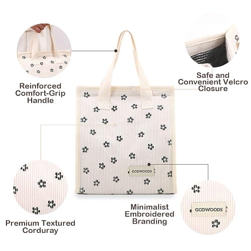 TELLUMO Corduroy Lunch Bag for Women Men Cute Lunch Bag Insulated Lunch Box with Large Capacity (7.5L) Reusable Lunchbag for Work, Picnic, Beach or Travel (S- Corduroy BlackClub) thumbnail 6