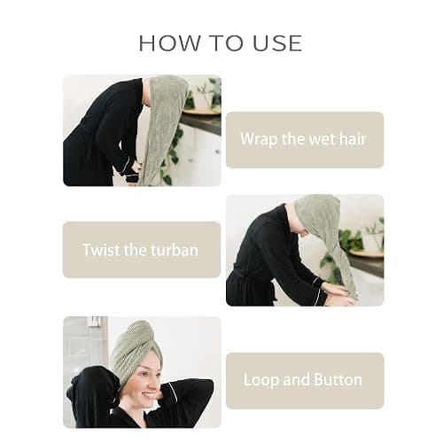 ROLSHOL Extra Large 4 Pack Microfiber Hair Towel Wrap for Women Super Absorbent & Quick Dry Hair Drying Towels with Button, Hair Turbans for Curly Hair Long & Short Hair - Anti-Frizz (green pinstripe) thumbnail 4