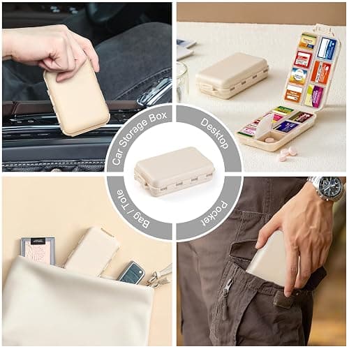 14 Grids Travel Pill Organizer Box with 415-Pcs Medicine Name Labels - Pocket Daily Pharmacy Case Container Kit - Travel Medication Holder Dispenser for Fish Oil Vitamin Supplement Storage - Khaki thumbnail 6