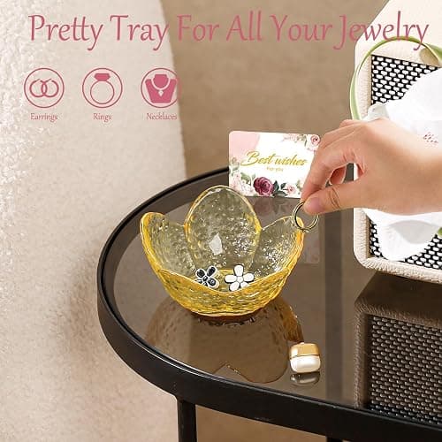 Yellow Flower Ring Dish Jewelry Dish Glass Jewelry Tray Small Trinket Tray Ring Holder Dish Cute Room Decor Aesthetic Bathroom Decor House Warming Engagement Birthday Gifts for Women Stocking Stuffers thumbnail 8