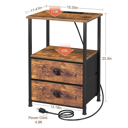 LOAKEKEL Night Stand Set 2, Nightstand with Charging Station, End Tables with Storage Shelf for Small Spaces, Bedside Table Side Tables with 2 Fabric Drawers for Bedroom, Rustic Brown, HETS020PBR thumbnail 3