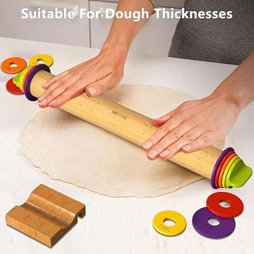 Mepple Adjustable Wooden Rolling Pin with 4 Removable Thickness Rings，Great for Baking Dough, Pizza, Pie, Pastries, Pasta, Cookies and More, 13.6" x 2.5" x 2.5", Multicolor thumbnail 4
