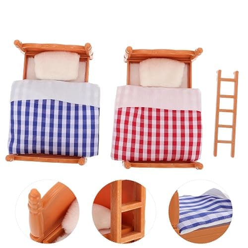 Dollhouse Bunk Bed Bunkbeds, 1:12 Scale Miniature Bed, Doll House Bedroom Furniture, Mini Double Doll House Ornament with Ladder, Pillows and Quilts, Dollhouse Accessories Miniature Scene DIY Kit thumbnail 4