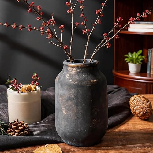 Varsoul Rustic Ceramic Farmhouse Flower Large Vase, Whitewashed Terra Cotta Vase, Pottery Decorative Flower for Home Decor, Table, Living Room Decoration, Shelf Decor, Mantel, 9.5 Inch, Bronze thumbnail 7