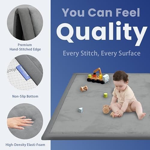 Huloo Sleep Ultra Soft Baby Play Mat for Floor,1.3" Thick Elasti-Foam 50x50 Playpen Mat for Toddlers Infant kids,Water-Repellent Coral Velvet for Tummy Time,Non-Slip Backing Safe for Crawling,Tatami Style (Dark Grey) thumbnail 7