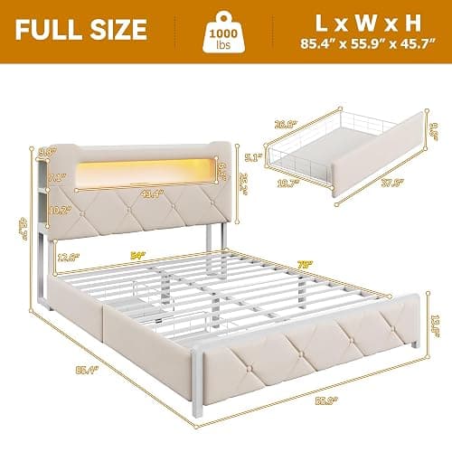 Full Upholstered LED Bed Frame with 2 Storage Drawers and 2-Tier Storage Headboard, Velvet Princess Platform Bed with Charging Station & Bookcase,Heavy Duty Metal Support,No Box Spring Needed,Beige thumbnail 2