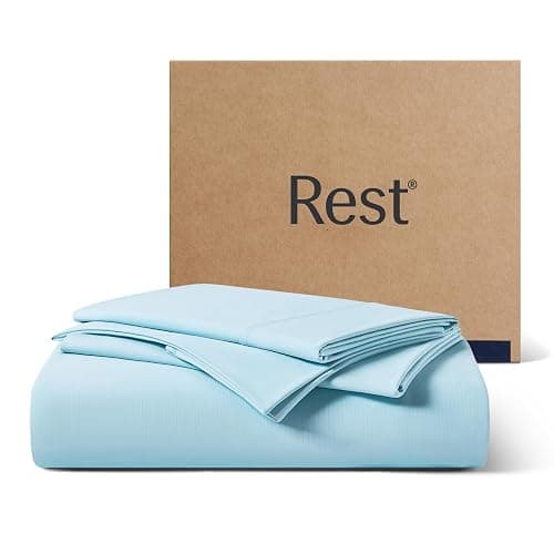 REST Evercool+ Cooling Starter Sheet Set of 1 Cali King Fitted 15’’ deep (Stretched to 18’’) and 2 King-Size Pillowcases 30''x20'',Silver Ion Infused Beddings for Hot Sleepers,Light Blue - Image 1