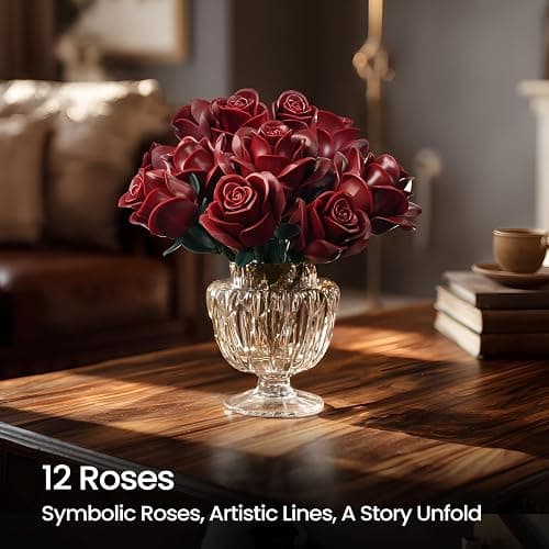 iATOM Burgundy Red Rose Bouquet Building Set, Artificial Flowers Botanical Collection Kit for Adults Women, Gift for Christmas and Valentines Day - Gothic Home Office Table Centerpiece Decor - IA11016 thumbnail 7