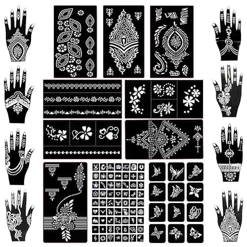 Koogel 18 Sheets 97PCS Henna Tattoo Stencil Kit, Reusable Mehndi Templates for Indian Weddings, Christmas & New Year, Ramadan, Bridal Mehndi & Tattoo Templates for Women, Girls & Body Art - Image 1