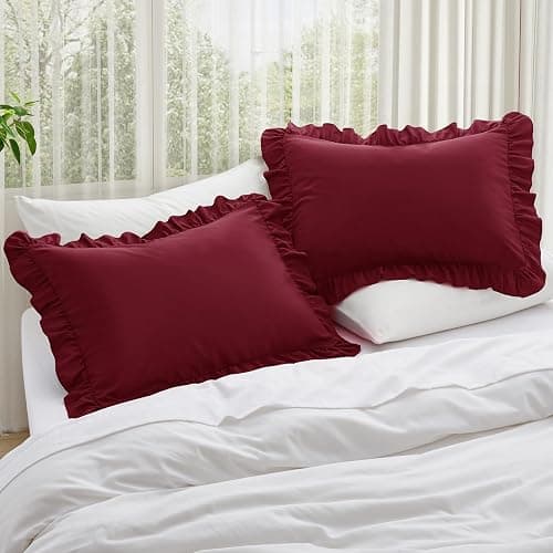 KKJIAF Ruffle Pillow Cases Standard Size Set of 2, Ruffled Pillow Covers with Envelope Closure, Wrinkle Resistant Ruffled Pillow Shams 20" x 26", Burgundy thumbnail 2