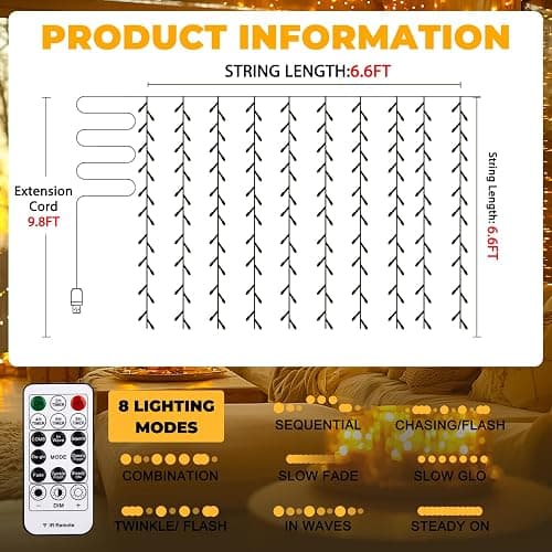 SINAMER Curtain Light for Bedroom, 200LED 6.6x6.6ft Warm White Window Wall Hanging Fairy Curtain String Light, 8 Modes Remote Fairy String Lights Indoor for Wedding Party Home Garden Decorations thumbnail 4