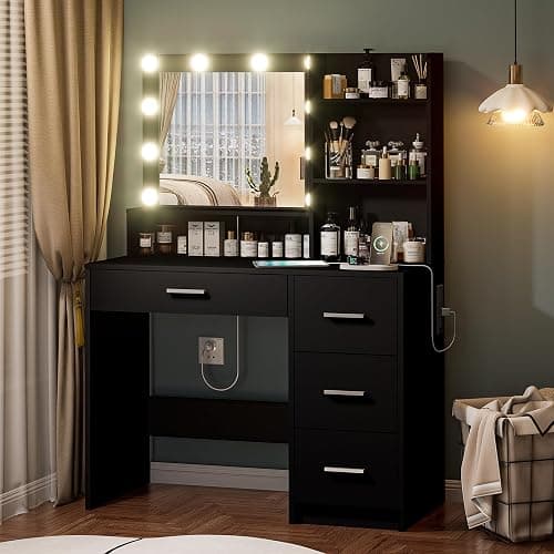 DINGIPP Vanity Desk with Lighted Mirror and Charging Station, Makeup Vanity with 4 Drawers & Storage Shelves,Makeup Desk 3 Color Lights Modes Available, Bedroom Dressing Table for Women, Girls - Image 1
