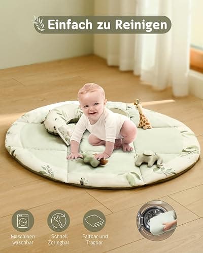 Fortella Spielbogen Baby, Spielmatte mit Bauchzeit Kissen und 5 Sensorik Spielzeug Abnehmbarem,Naturthemen Krabbeldecke für Babys ab der Geburt, Neugeborene & Kinder, 0-6-9-12 Monate-Salbeigrün - Salbeigrün thumbnail 7