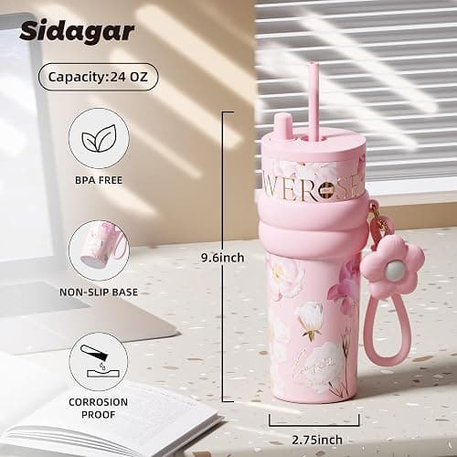Sidagar 24 oz Stainless Steel Tumbler with Lid and Straw, Insulated Coffee Mug, Leak Proof, Portable Iced Travel Water Bottle, Reusable Thermal Coffee Cup, Floral Pink thumbnail 3