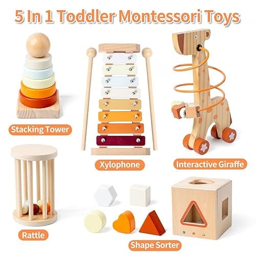 Montessori Toys for 1-3 Year Old, Baby Toys 12-18 Months, Wooden Stacking Rings Toy for Toddlers, Shape Sorting Cube, Xylophone, Preschool Sensory Developmental Educational Toy for Babies thumbnail 7