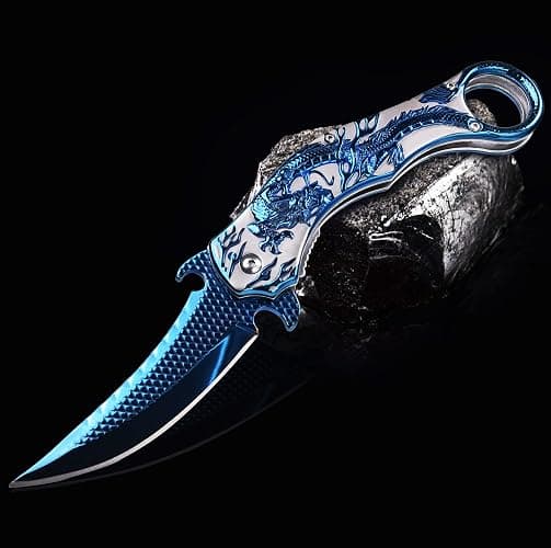 Vividstill Pocket Knife for Men, Cool Folding Knife With 3D Blue Dragon Relief, Great Gift Edc Knife For Men Outdoor Survival Camping Hiking thumbnail 3
