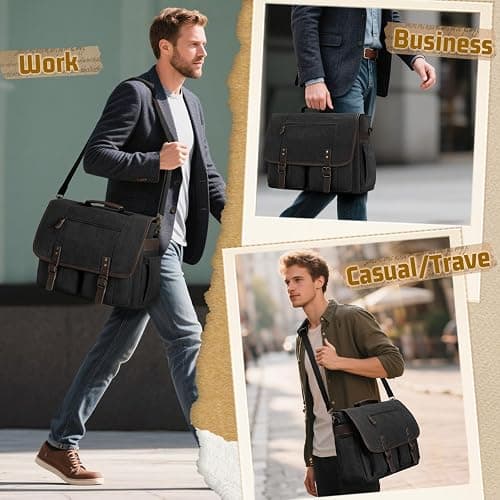 RAINSMORE Canvas Messenger Bag Men 17-17.3 Inch Laptop Bag Computer Briefcase Water Resistant Satchel Bag for Men Work Office thumbnail 2