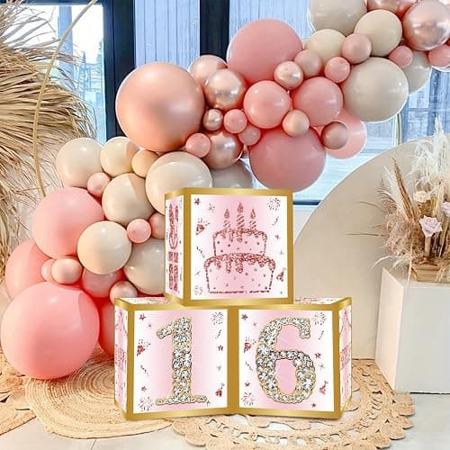 DataMoon 16th Birthday Decorations Boxes for Girls | 3PCS Pink Rose Gold Sweet 16 Birthday Balloons Boxes,Sixteen Year Old Party Supplies for Girls thumbnail 9