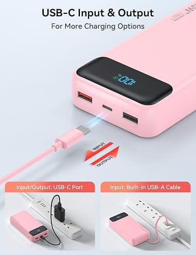Nusyddy Portable Charger 20000mAh 22.5W w/4 Built-in Cables/6 Outputs Pink | High capacity, Fast Charge, LED Display, Pass Through Charging, Charge 6 Devices at once, TSA Approved, Fits iPhone, Samsung thumbnail 6