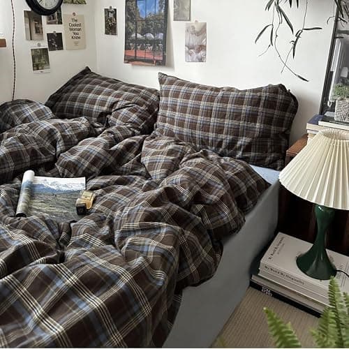 Bildenly Plaid Duvet Cover Set Full Size 3 Piece Blue Brown Buffalo Plaid Comforter Cover Vintage Grid Checkered Pattern Soft Breathable Microfiber Bedding Set with Zipper Closure and 2 Pillowcases thumbnail 2
