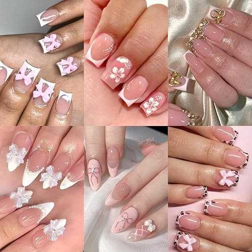 6 Packs (144 Pcs) | Reusable Press on Nails | Stick on Nails 12 Sizes-6 Styles | Cute Bow Nails - Image 1