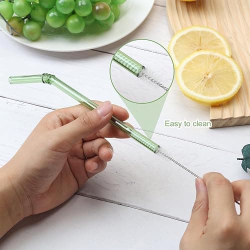 FBAJOJO, coloured glass straws, 8 inch long, 8 mm diameter, 12 wear resistant heat resistant straws, with 4 straw cleaning brushes, 6 straight, 6 curved design thumbnail 2