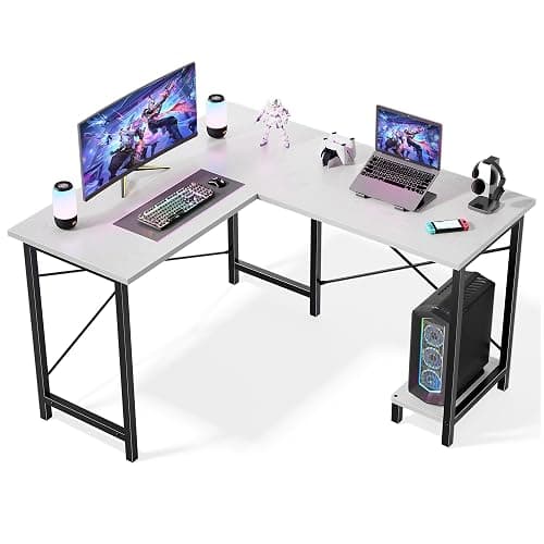 NEWBULIG 49.9 inch L Shaped Desk, Corner Computer Gaming Desk for Small Spaces, Small Desks for Bedroom with Reversible CPU Stand, Home Office Writing Table Bright White - Image 1