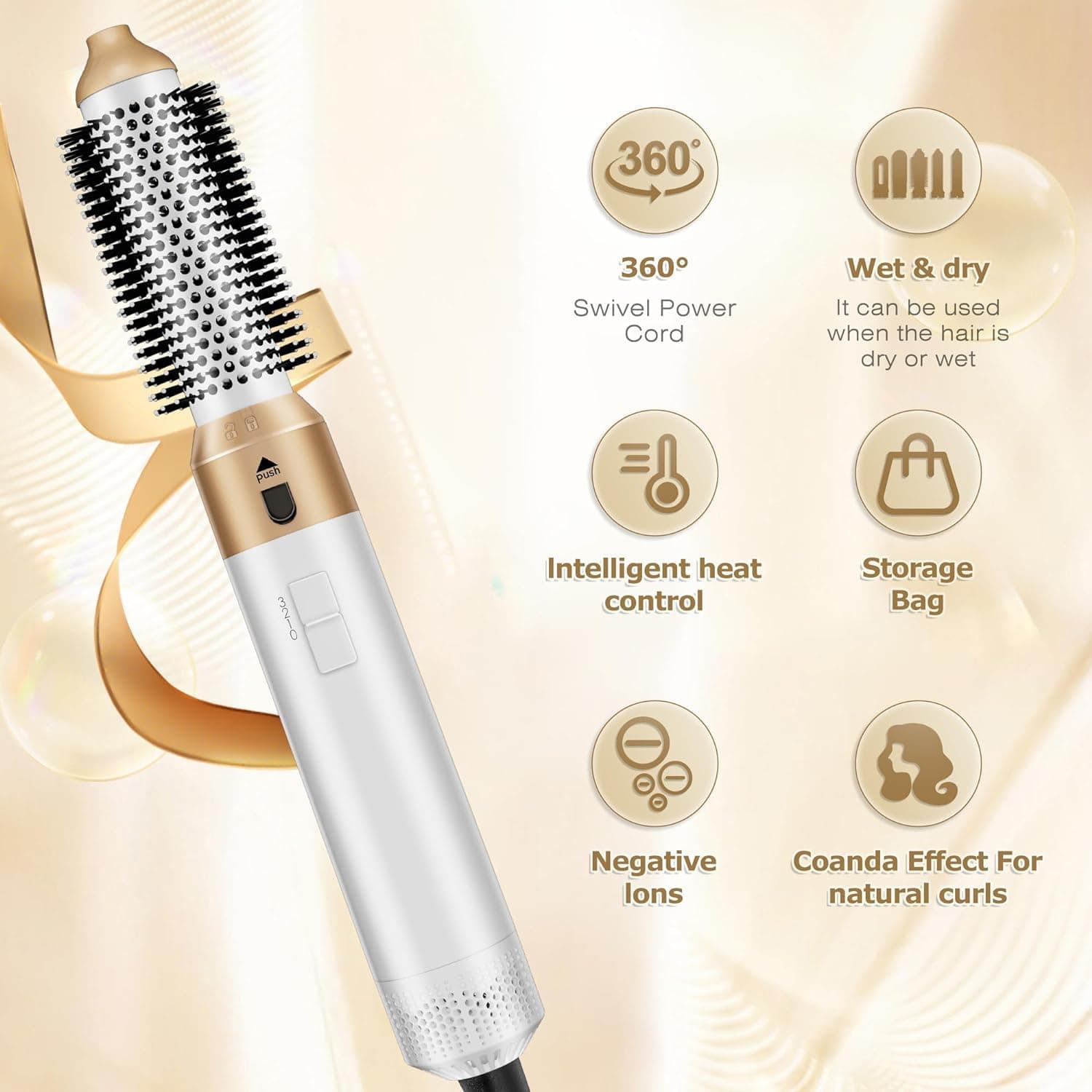 TAMEFOX 5 in 1 Hair Dryer Brush Set, Multifunctional Hair Styler Kit, High Speed Negative Ionic Hot Air Brush for Styling, Curling, Volumizing, Straightening, Detachable and Interchangeable Hair Styling Tools for All Types (Premium White Gold) thumbnail 4