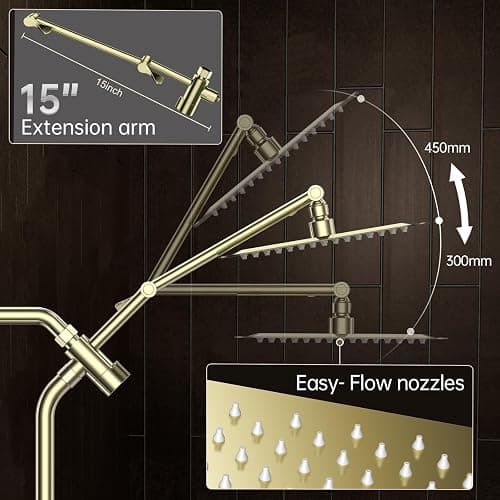 Veken All Metal 10" Shower Head with Handheld, Luxurious Square Double Rain Shower Heads with Spray Combo, Dual High Pressure Detachable Rainfall Showerhead with Extension Arm, Long Hose,Brushed Gold thumbnail 6