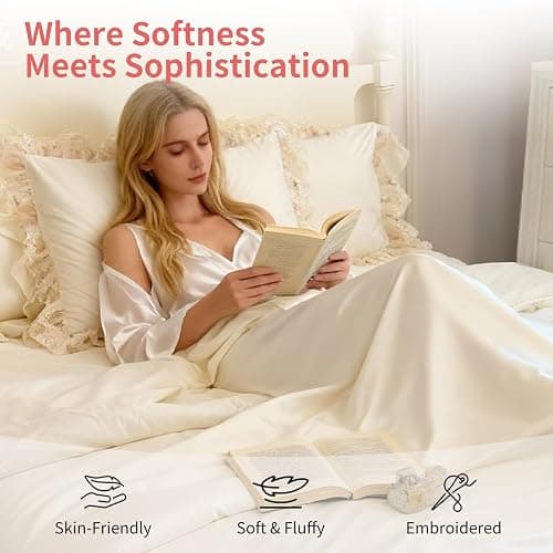 T-stage French Chic Bedding Set 4-Piece - Romantic Lace Trim Washed Cotton, Duvet Cover with Bed Skirt & Pillowcases for Queen Bed, Princess Style (Comforter Not Included) (Milky White,Full) thumbnail 2