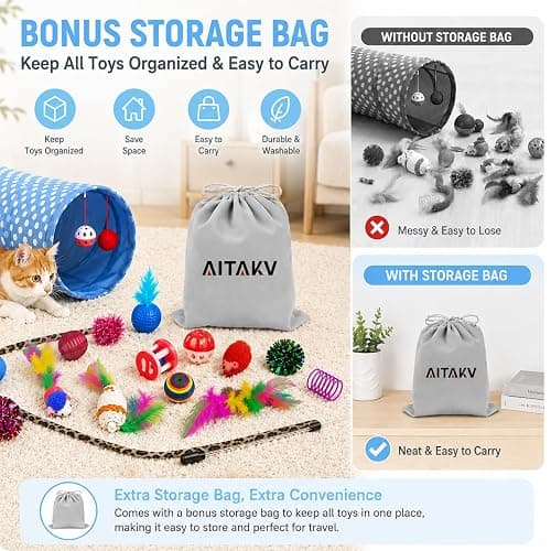 AILUKI 35PCS Cat Toys Variety Pack for Indoor Cats, Kitten Toys Cat Tunnel | Kitten Toys for Indoor Kittens Cat Toy Bundle Set with Feather Wand, Plush Mice, Crinkle Balls & Interactive Cat Toys Bundle thumbnail 3