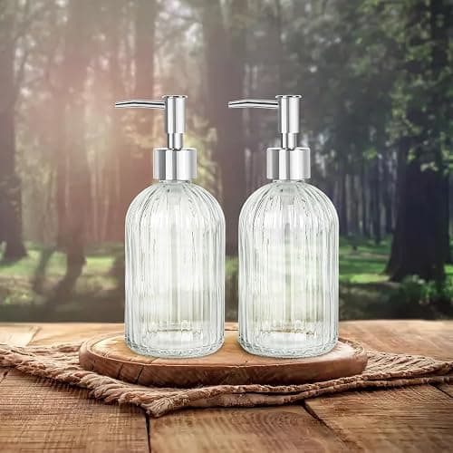 Glass Soap Dispenser with Plastic Pump, Hand Soap Dispenser for Hand Wash, Lotion Dispenser for Dishwashing Liquid, Lotion Shower Gel (Striped Transparent) thumbnail 4