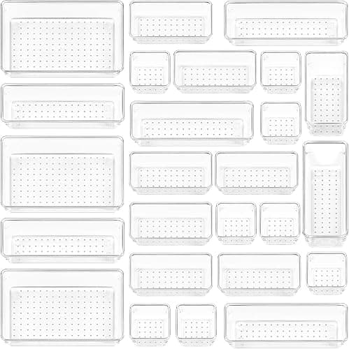 Vtopmart Organisateu Tiroir, Plastique Rangement Tiroir, 4 Tailles, 25 Pack | Design Transparent Empilable, pour Salle de Bain, Coiffeuse, Cuisine et Bureau, Livré avec Tapis Antidérapan, Facile Nettoyer - Image 1