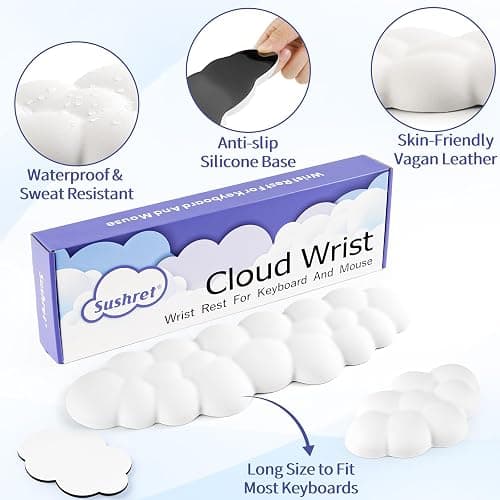 Sushret Cloud Wrist Rest Keyboard, Cloud Keyboard Wrist Pad Set with PU Leather Memory Foam, Cute Arm Rest for Palm Support, PC/Gaming Desk Accessories/Office Setup/Computer Hand Cushion - White thumbnail 6