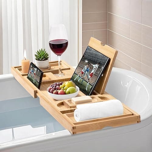 AUTODECO Bathtub Caddy Tray, Bamboo Bathtub Tray, Expandable Bath Tray with Bamboo Book Stand, Soap Tray, Perfect for Home Spa, Natural Colour - Natural thumbnail 3