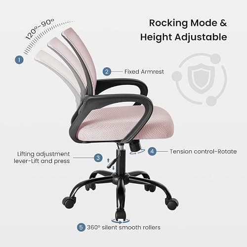 DUMOS Office Desk Chair - Ergonomic Mid Back with Lumbar Support & Rocking Mode, Height Adjustable with Fixed Armrest, Storage Back for Computer, Gaming, Conference, Meeting Room, 360° Swivel, Pink thumbnail 7