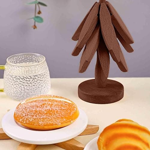 Wooden Cup Coaster Set，Tree Shape Trivet Set,Tree Coasters- 4 Wooden Trivets + 1 Stand stored for hot Dish/Pot/Bowl/teapot/hot Pot Set (Brown) thumbnail 2