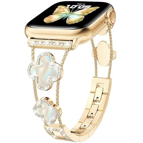 CTYBB Bling Diamond Band Compatible with Apple Watch Bands for Women 40mm 41mm 38mm 42mm Series 11 10 9 8 7 6 5 4 SE 3 2 1, Sparkle Metal Bracelet Wristband, Cute Lucky Clover Dressy iWatch Band,Gold/White - Image 1