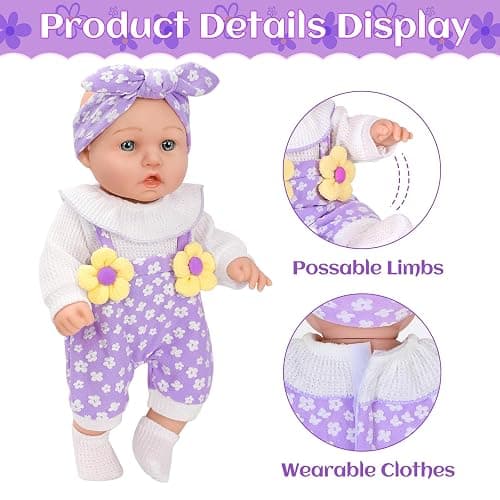12" Flower Pattern Baby Doll With Backpack Carrier Clothes and Accessories | 12 Inch Baby Dolls Set In Gifts Box With Hanky Pacifier Bottle Pretend Baby Care Interactive Toy For Girl Child Toddler 3+ thumbnail 8