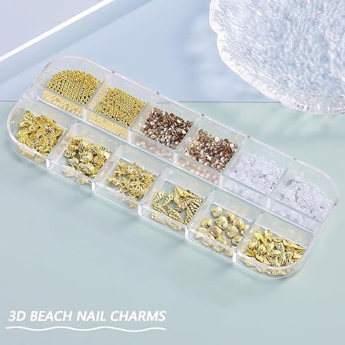 12 Fächer Sommer Muschel Nagelkunst Charms, 3D Ozean Thema Nagel Steinchen, Muschel Charms Nägel Für Frauen, Goldene Perlen Nägel Für DIY-Nageldesign, Kartendeko & Handyhüllen thumbnail 2